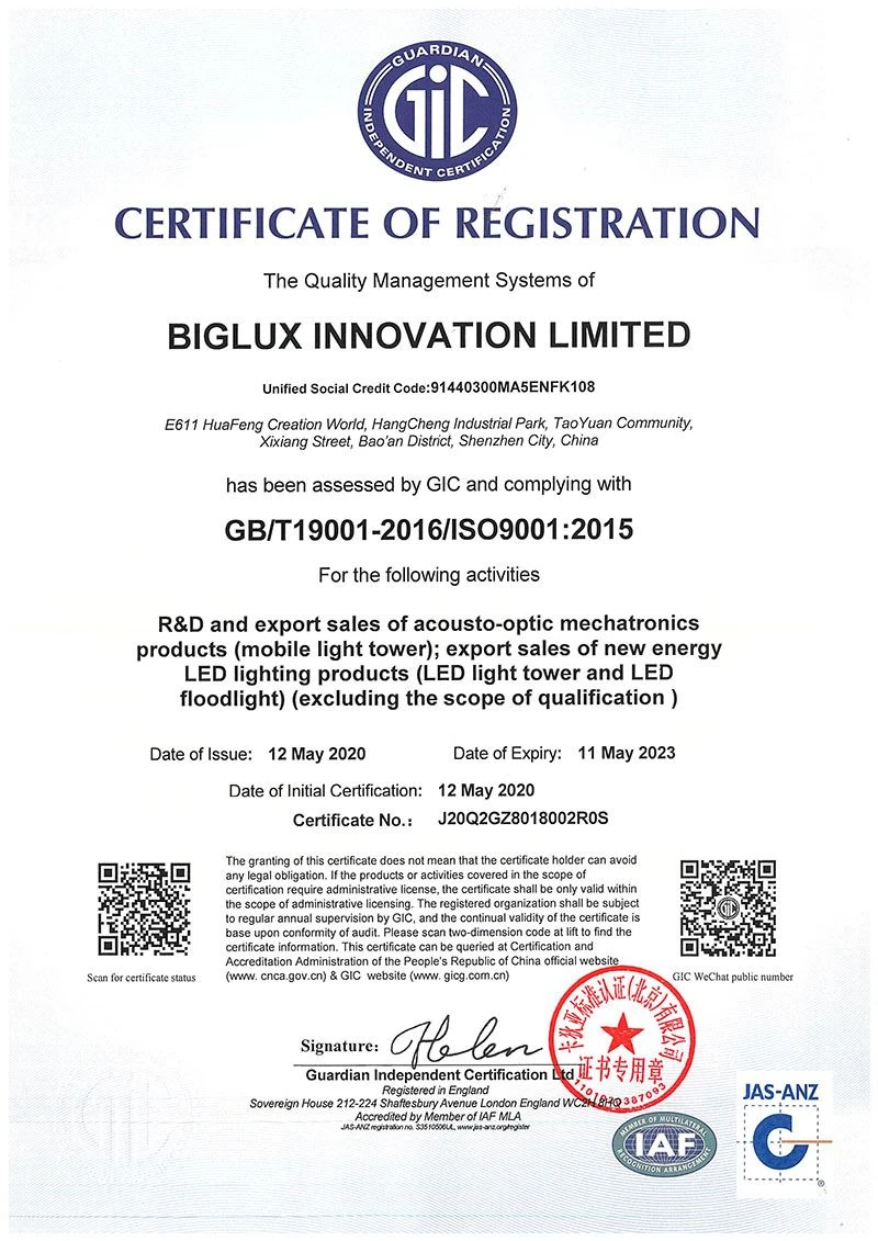 ISO9001 biglux mobile light tower